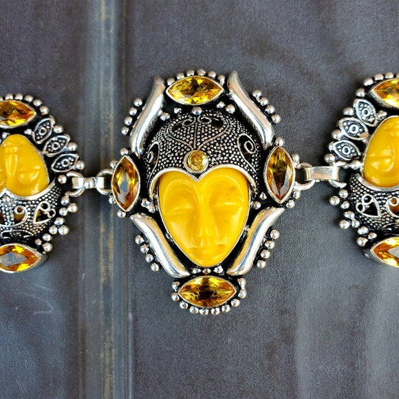 New Carved Yellow 3 Goddess Face Citrine 925 Silver Bracelet. - Picture 14 of 16